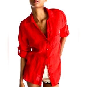ZARA Red Linen Button Front Shirt Small NWT 3/4 Sleeve Casual Light Basic